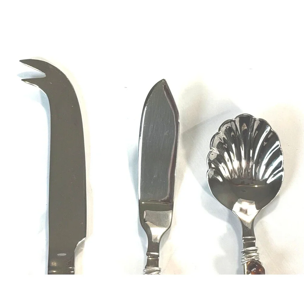 Heritage Mint Wire Wrapped Bead Cheese Knife Spreader Shell Spoon Set Amber